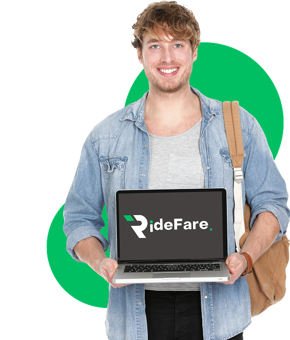 RideFare founder holding laptop